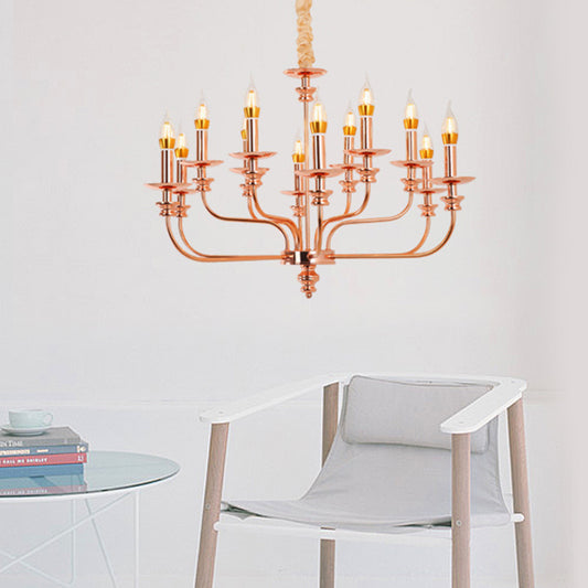 Candle-Style Living Room Pendant Chandelier Traditional Metal 12 Lights Rose Gold Hanging Light Fixture Clearhalo 'Ceiling Lights' 'Chandeliers' Lighting' options 340466