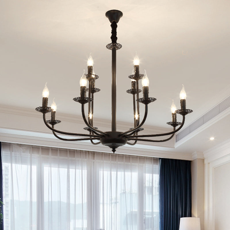 9 Lights Pendant Light Classic Candle Metal Hanging Chandelier in Black for Living Room Clearhalo 'Ceiling Lights' 'Chandeliers' Lighting' options 340481