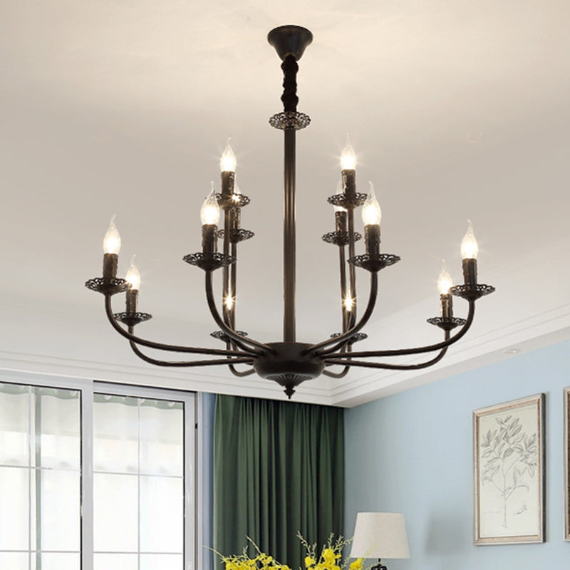 9 Lights Pendant Light Classic Candle Metal Hanging Chandelier in Black for Living Room Clearhalo 'Ceiling Lights' 'Chandeliers' Lighting' options 340482