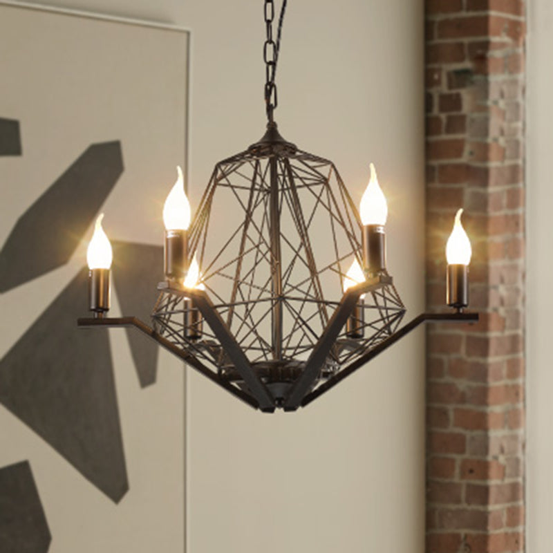 6 Lights Ceiling Light Traditional Candle Metal Hanging Chandelier in Black/White with Geometric Cage Clearhalo 'Ceiling Lights' 'Chandeliers' Lighting' options 340490