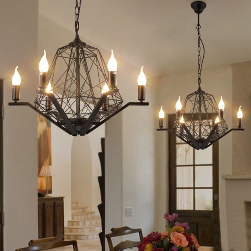 6 Lights Ceiling Light Traditional Candle Metal Hanging Chandelier in Black/White with Geometric Cage Clearhalo 'Ceiling Lights' 'Chandeliers' Lighting' options 340492