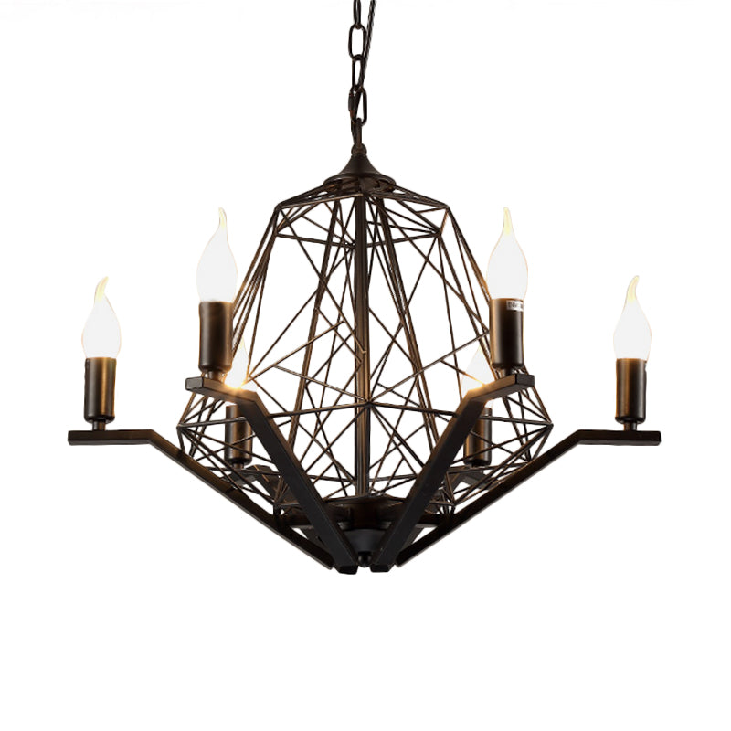 6 Lights Ceiling Light Traditional Candle Metal Hanging Chandelier in Black/White with Geometric Cage Clearhalo 'Ceiling Lights' 'Chandeliers' Lighting' options 340493