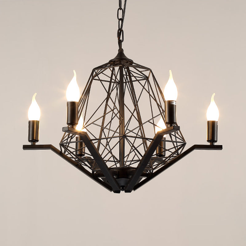 6 Lights Ceiling Light Traditional Candle Metal Hanging Chandelier in Black/White with Geometric Cage Clearhalo 'Ceiling Lights' 'Chandeliers' Lighting' options 340494