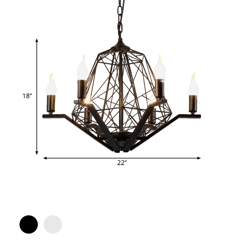 6 Lights Ceiling Light Traditional Candle Metal Hanging Chandelier in Black/White with Geometric Cage Clearhalo 'Ceiling Lights' 'Chandeliers' Lighting' options 340495