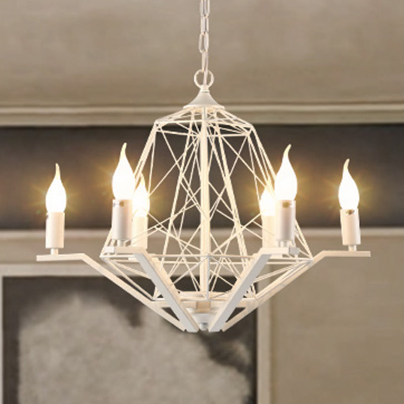 6 Lights Ceiling Light Traditional Candle Metal Hanging Chandelier in Black/White with Geometric Cage Clearhalo 'Ceiling Lights' 'Chandeliers' Lighting' options 340496