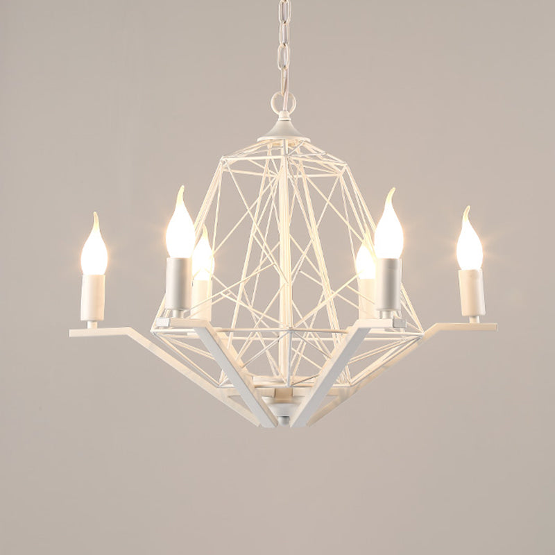 6 Lights Ceiling Light Traditional Candle Metal Hanging Chandelier in Black/White with Geometric Cage Clearhalo 'Ceiling Lights' 'Chandeliers' Lighting' options 340497