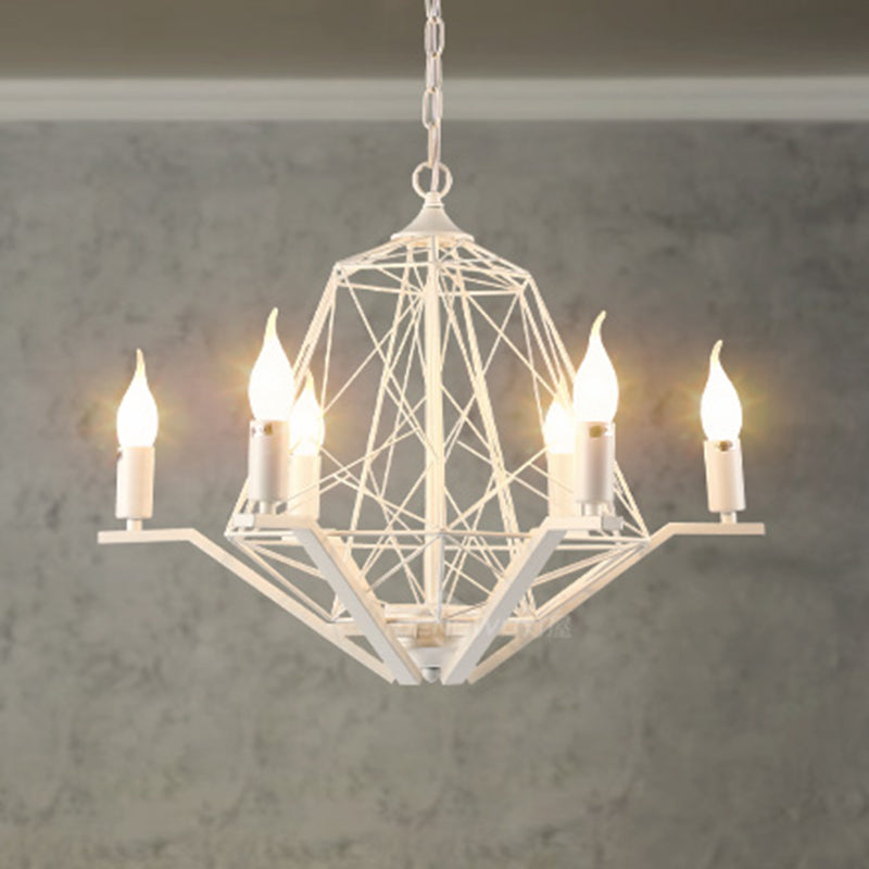 6 Lights Ceiling Light Traditional Candle Metal Hanging Chandelier in Black/White with Geometric Cage Clearhalo 'Ceiling Lights' 'Chandeliers' Lighting' options 340498