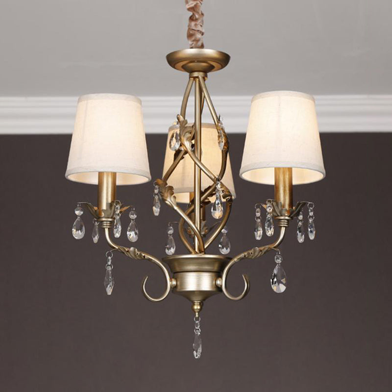 Cone Fabric Chandelier Light Classic 3 Lights Living Room Pendant Lighting in White with Crystal White Clearhalo 'Ceiling Lights' 'Chandeliers' Lighting' options 340520_0c97088d-e2b7-4481-a1d2-c745b0f4c6f7