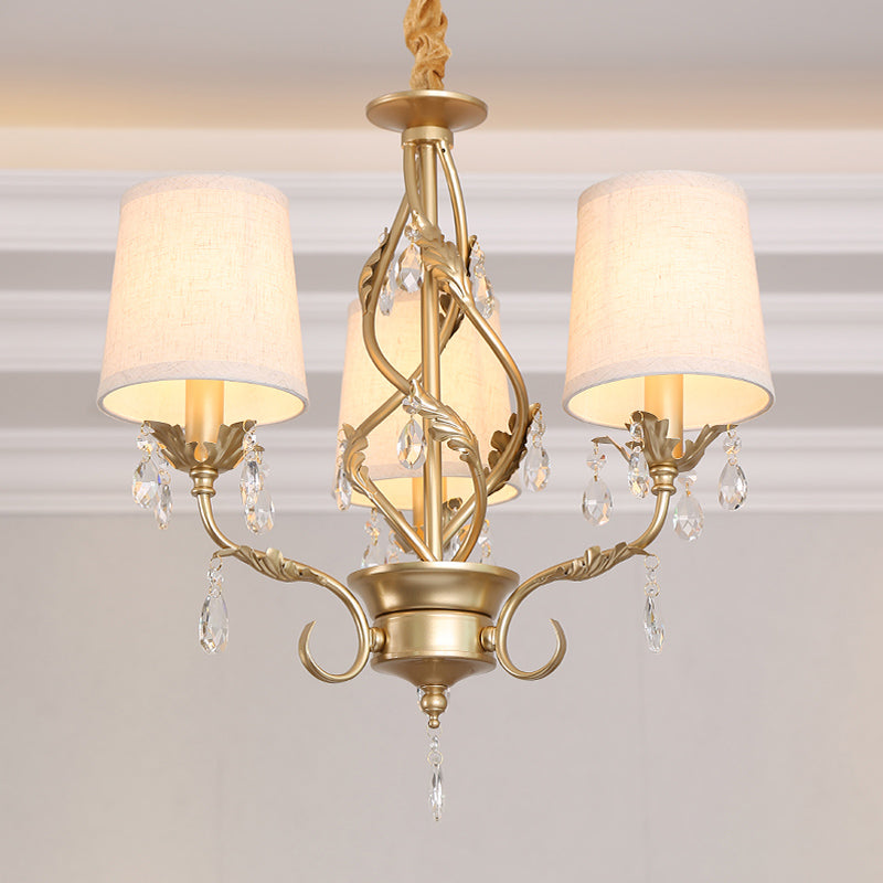 Cone Fabric Chandelier Light Classic 3 Lights Living Room Pendant Lighting in White with Crystal Clearhalo 'Ceiling Lights' 'Chandeliers' Lighting' options 340522