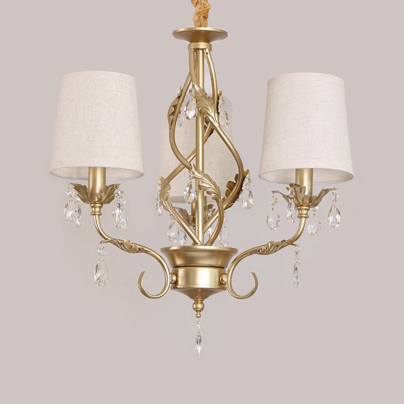 Cone Fabric Chandelier Light Classic 3 Lights Living Room Pendant Lighting in White with Crystal Clearhalo 'Ceiling Lights' 'Chandeliers' Lighting' options 340523