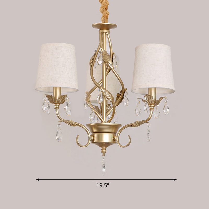 Cone Fabric Chandelier Light Classic 3 Lights Living Room Pendant Lighting in White with Crystal Clearhalo 'Ceiling Lights' 'Chandeliers' Lighting' options 340524