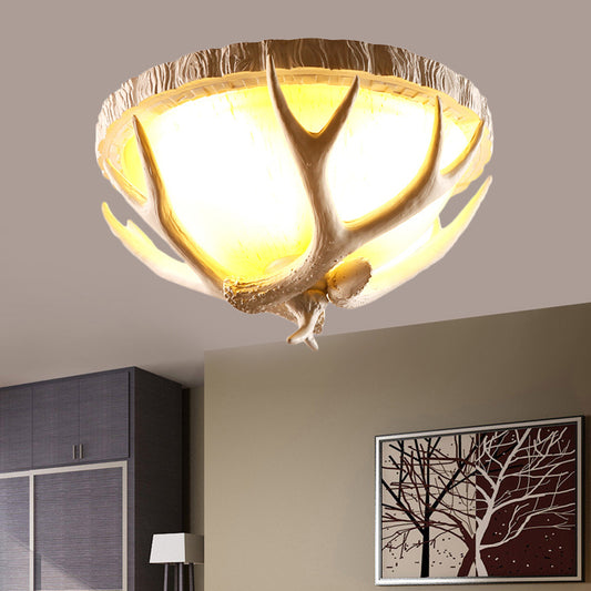 Dome Shaped Living Room Flush Mount Traditional Resin 3 Lights Brown Ceiling Light Fixture with Antler Deco Brown Clearhalo 'Ceiling Lights' 'Close To Ceiling Lights' 'Close to ceiling' 'Flush mount' Lighting' 340555