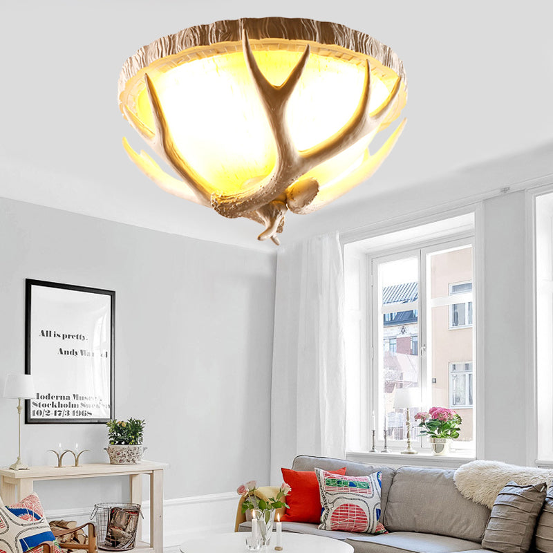 Dome Shaped Living Room Flush Mount Traditional Resin 3 Lights Brown Ceiling Light Fixture with Antler Deco Clearhalo 'Ceiling Lights' 'Close To Ceiling Lights' 'Close to ceiling' 'Flush mount' Lighting' 340556