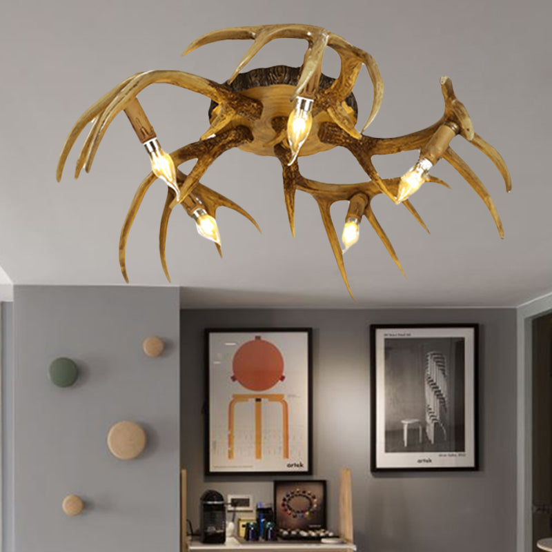 Resin Brown Semi Flush Lighting Antler Shape 5 Bulbs Traditional Ceiling Flush Mount Lamp Brown Clearhalo 'Ceiling Lights' 'Close To Ceiling Lights' 'Close to ceiling' 'Semi-flushmount' Lighting' 340560