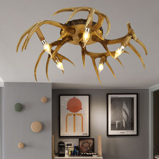 Resin Brown Semi Flush Lighting Antler Shape 5 Bulbs Traditional Ceiling Flush Mount Lamp Brown Clearhalo 'Ceiling Lights' 'Close To Ceiling Lights' 'Close to ceiling' 'Semi-flushmount' Lighting' 340560