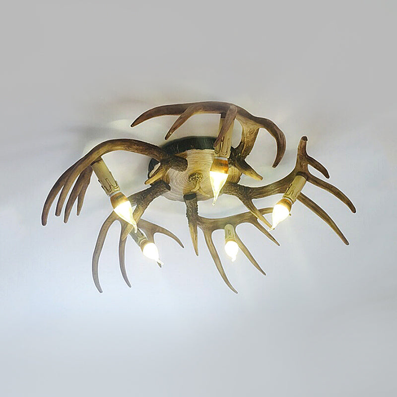 Resin Brown Semi Flush Lighting Antler Shape 5 Bulbs Traditional Ceiling Flush Mount Lamp Clearhalo 'Ceiling Lights' 'Close To Ceiling Lights' 'Close to ceiling' 'Semi-flushmount' Lighting' 340562