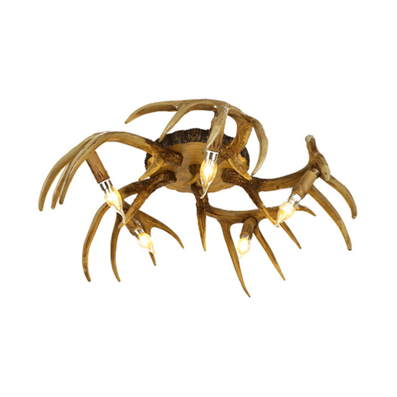 Resin Brown Semi Flush Lighting Antler Shape 5 Bulbs Traditional Ceiling Flush Mount Lamp Clearhalo 'Ceiling Lights' 'Close To Ceiling Lights' 'Close to ceiling' 'Semi-flushmount' Lighting' 340563