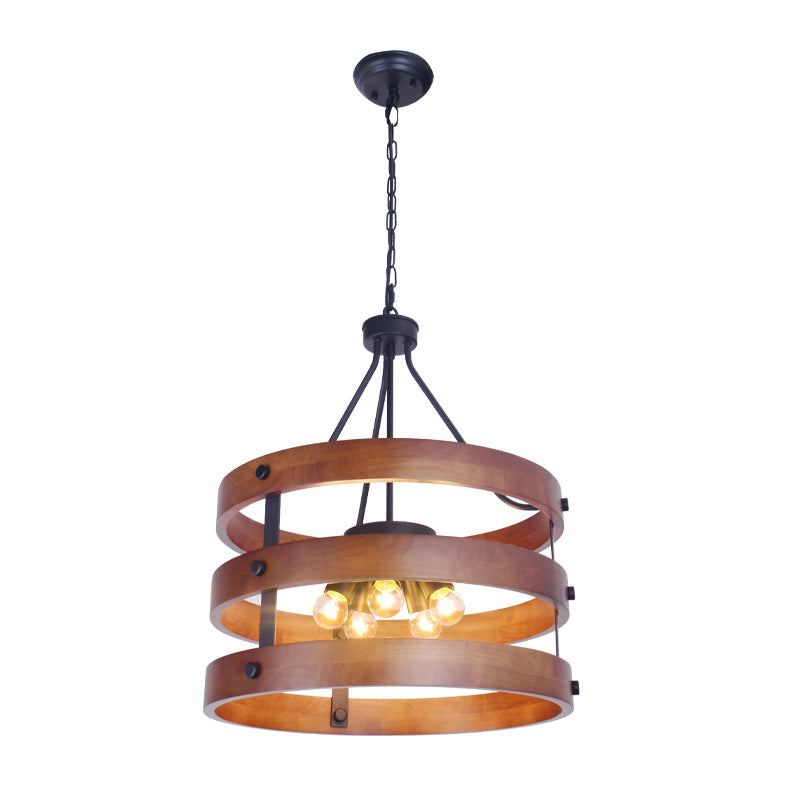 Brown 5 Heads Chandelier Lighting Rustic Wooden Round Suspension Lamp for Dining Room Clearhalo 'Ceiling Lights' 'Chandeliers' Lighting' options 340567