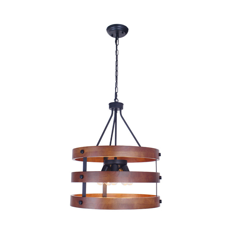 Brown 5 Heads Chandelier Lighting Rustic Wooden Round Suspension Lamp for Dining Room Clearhalo 'Ceiling Lights' 'Chandeliers' Lighting' options 340568