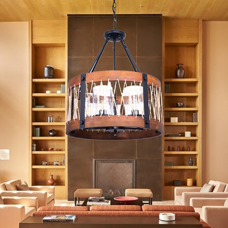 Wood Drum Chandelier Lamp Farmhouse 5-Head Living Room Pendant Ceiling Light in Brown Clearhalo 'Ceiling Lights' 'Chandeliers' Lighting' options 340570