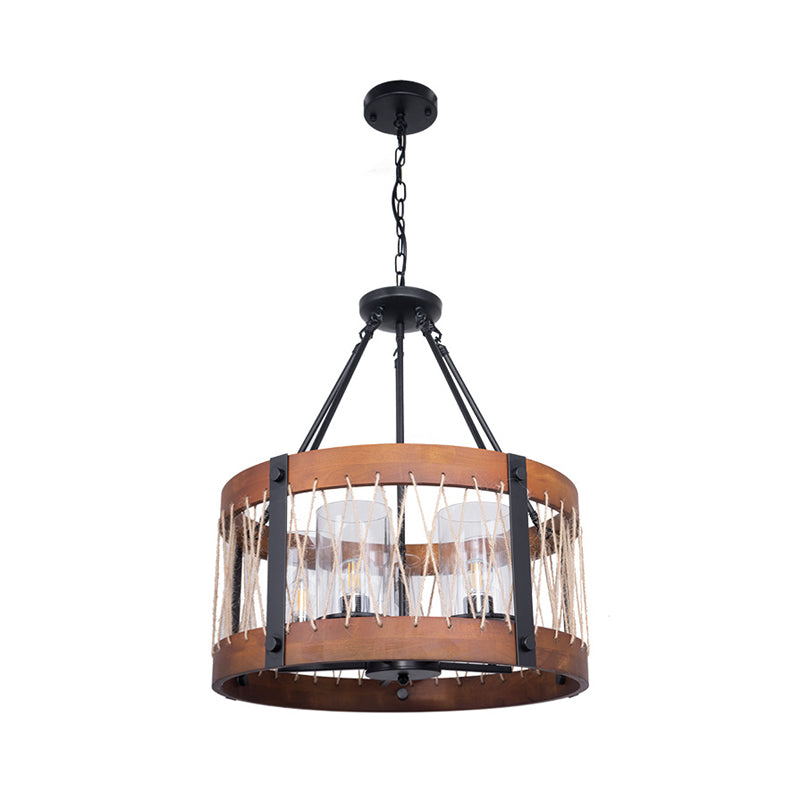 Wood Drum Chandelier Lamp Farmhouse 5-Head Living Room Pendant Ceiling Light in Brown Clearhalo 'Ceiling Lights' 'Chandeliers' Lighting' options 340573