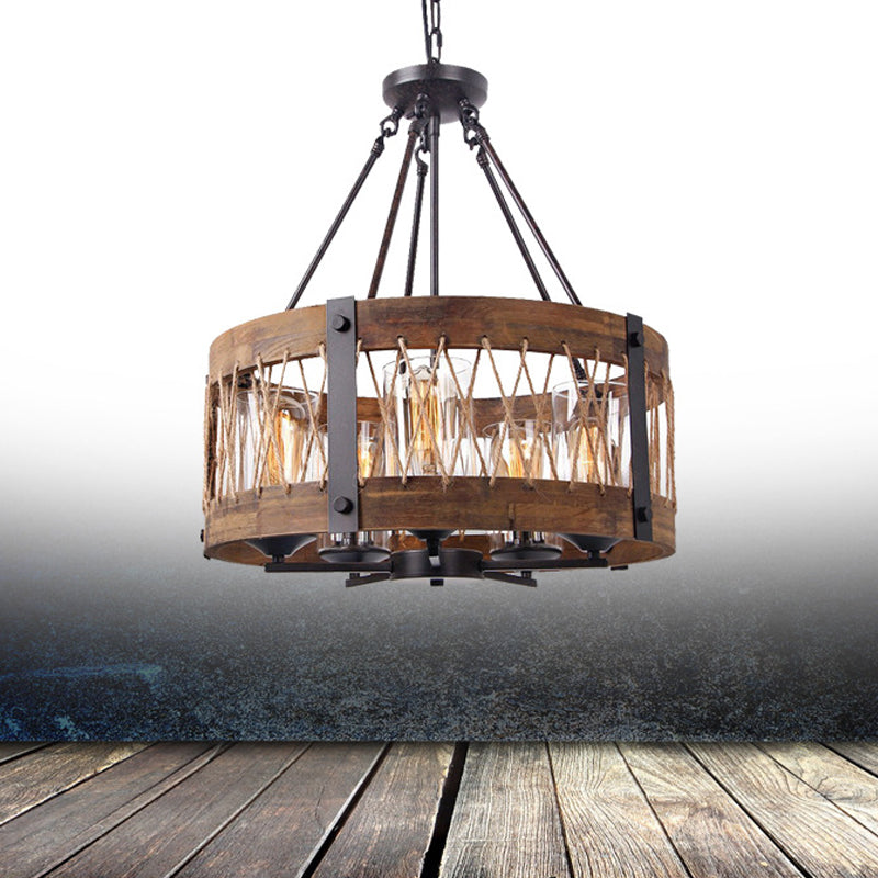 Traditional Drum Shaped Hanging Lamp 5 Bulbs Wooden Chandelier Light Fixture in Brown Brown Clearhalo 'Ceiling Lights' 'Chandeliers' Lighting' options 340575_1fc05257-ac15-4012-a7e1-bf6189cecb65