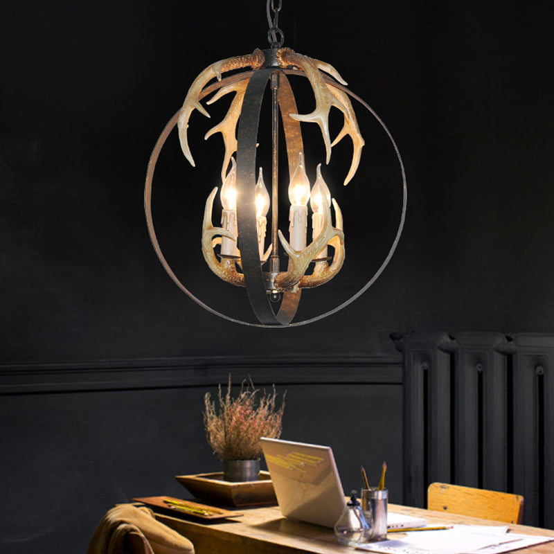 4/8 Lights Chandelier Lighting Fixture Loft Spherical Metal Ceiling Suspension Lamp in Black for Dining Room 4 Black Clearhalo 'Ceiling Lights' 'Chandeliers' Lighting' options 340580_6ff455bf-1b2a-45bf-9ac1-dffe97d79111