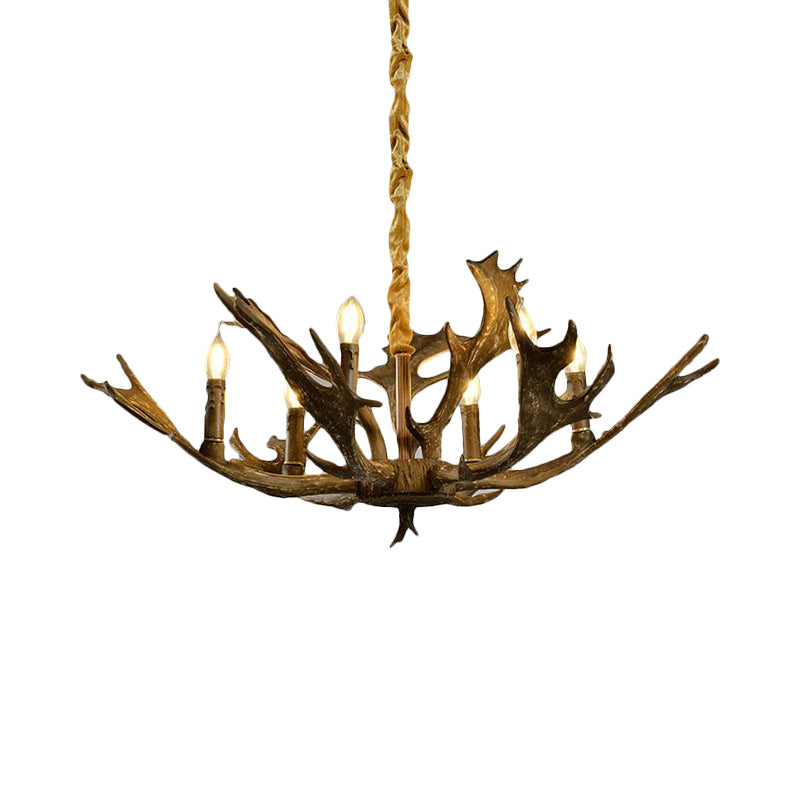 6 Lights Resin Chandelier Lamp Farmhouse Brown Candle Shape Living Room Down Lighting Pendant Clearhalo 'Ceiling Lights' 'Chandeliers' Lighting' options 340605