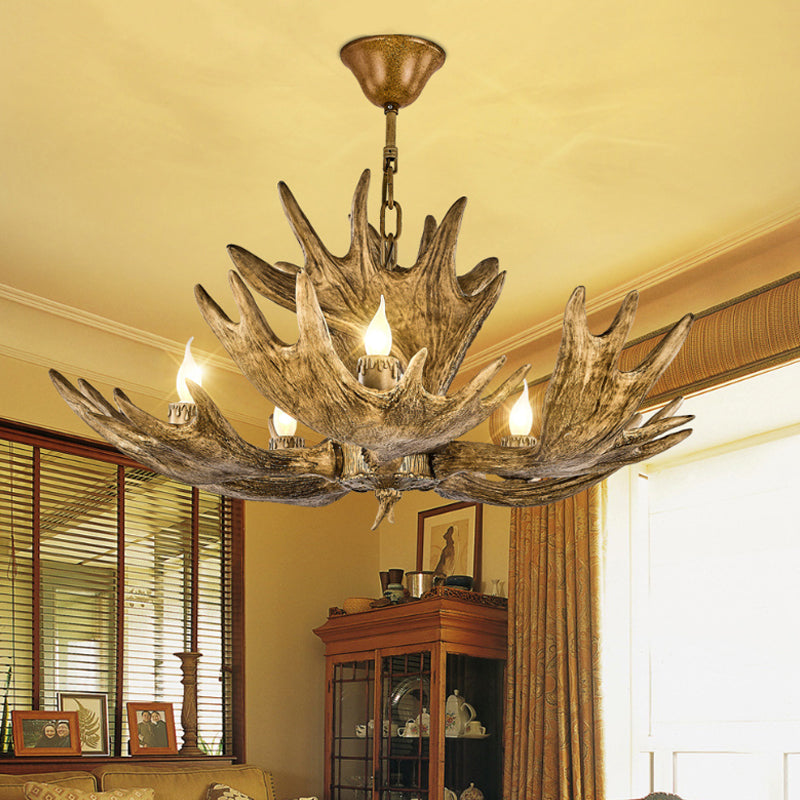 Deer Antler Resin Ceiling Light Traditional 5-Bulb Living Room Pendant Chandelier in Brown Clearhalo 'Ceiling Lights' 'Chandeliers' Lighting' options 340608