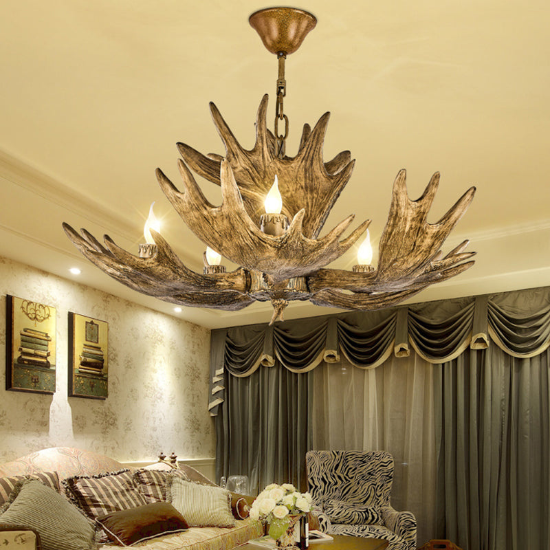 Deer Antler Resin Ceiling Light Traditional 5-Bulb Living Room Pendant Chandelier in Brown Clearhalo 'Ceiling Lights' 'Chandeliers' Lighting' options 340609