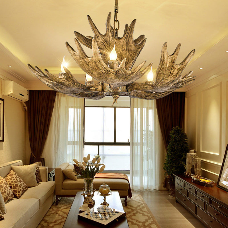 Deer Antler Resin Ceiling Light Traditional 5-Bulb Living Room Pendant Chandelier in Brown Clearhalo 'Ceiling Lights' 'Chandeliers' Lighting' options 340610