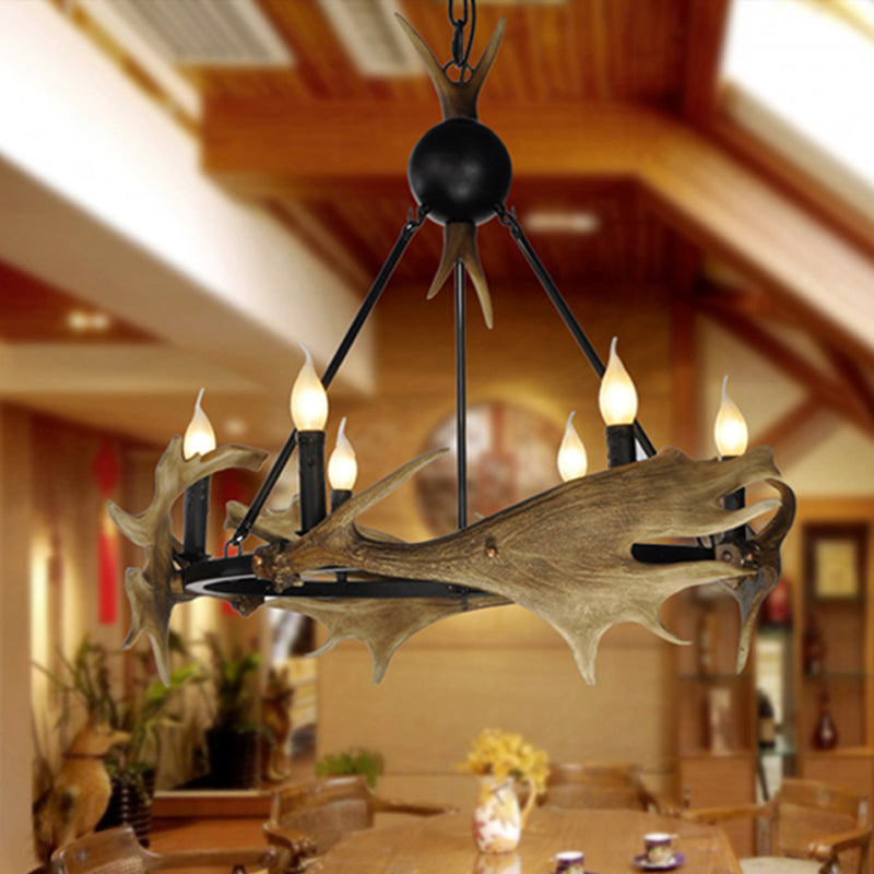 Brown Faux Antler Pendant Chandelier Rustic Resin 6/8 Heads Bedroom Hanging Ceiling Light Clearhalo 'Ceiling Lights' 'Chandeliers' Lighting' options 340628