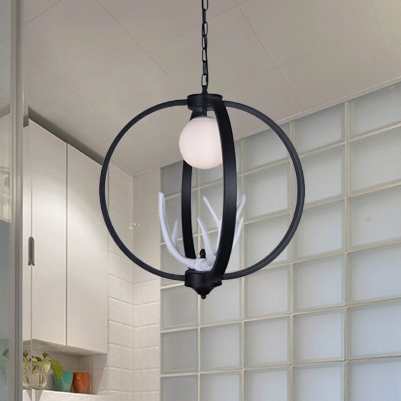 Traditional Orb Hanging Lamp Single Bulb Metal Chandelier Light Fixture with White Glass Shade in Black Black Clearhalo 'Ceiling Lights' 'Chandeliers' Lighting' options 340672_07e22e01-c214-44a4-977c-abed9bc676b3