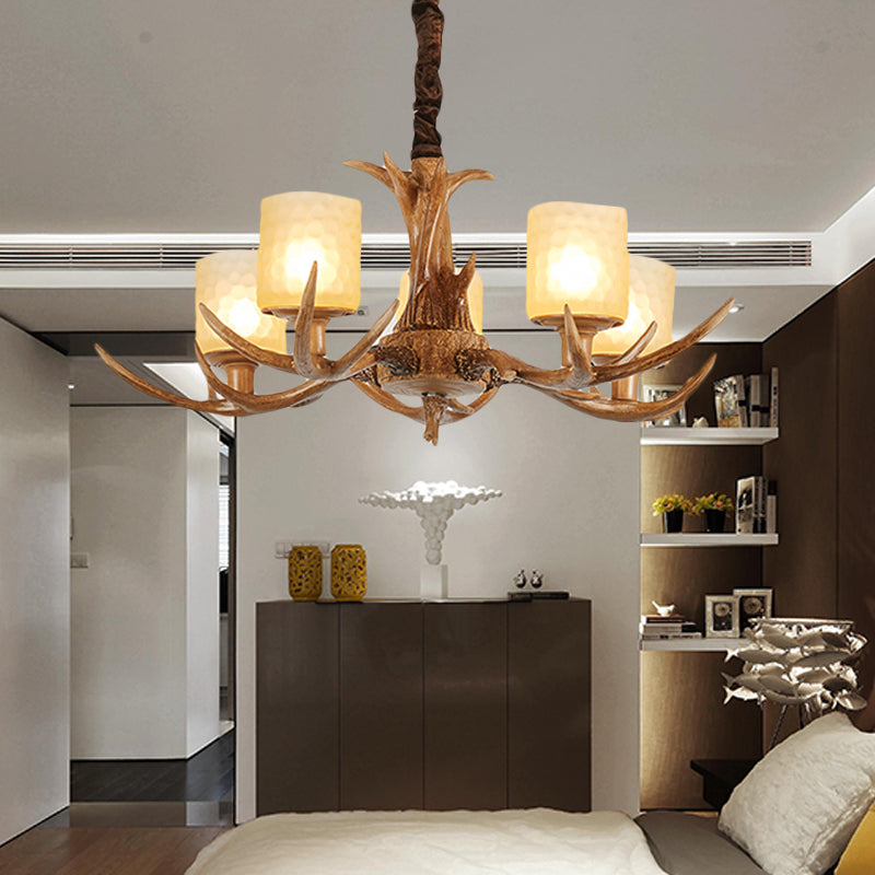Cylindrical Glass Ceiling Lamp Traditional 4/6/8-Bulb Living Room Pendant Chandelier in Brown Clearhalo 'Ceiling Lights' 'Chandeliers' 'Close To Ceiling Lights' 'Glass shade' 'Glass' Lighting' 340726