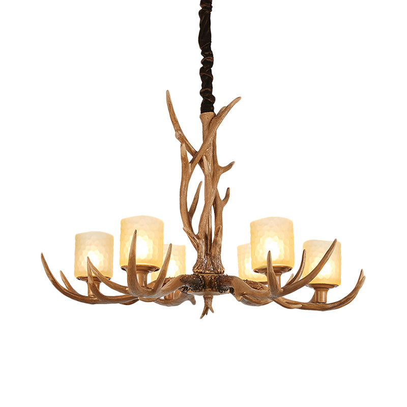 Cylindrical Glass Ceiling Lamp Traditional 4/6/8-Bulb Living Room Pendant Chandelier in Brown 6 Brown Clearhalo 'Ceiling Lights' 'Chandeliers' 'Close To Ceiling Lights' 'Glass shade' 'Glass' Lighting' 340730