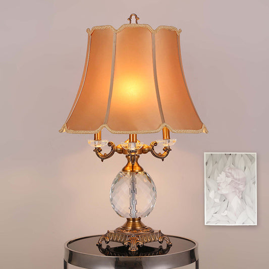 1 Light Night Lamp Lodge Paneled Bell Fabric Table Light in White/Beige for Bedroom with Crystal Accent Beige Clearhalo 'Lamps' 'Table Lamps' Lighting' 340887