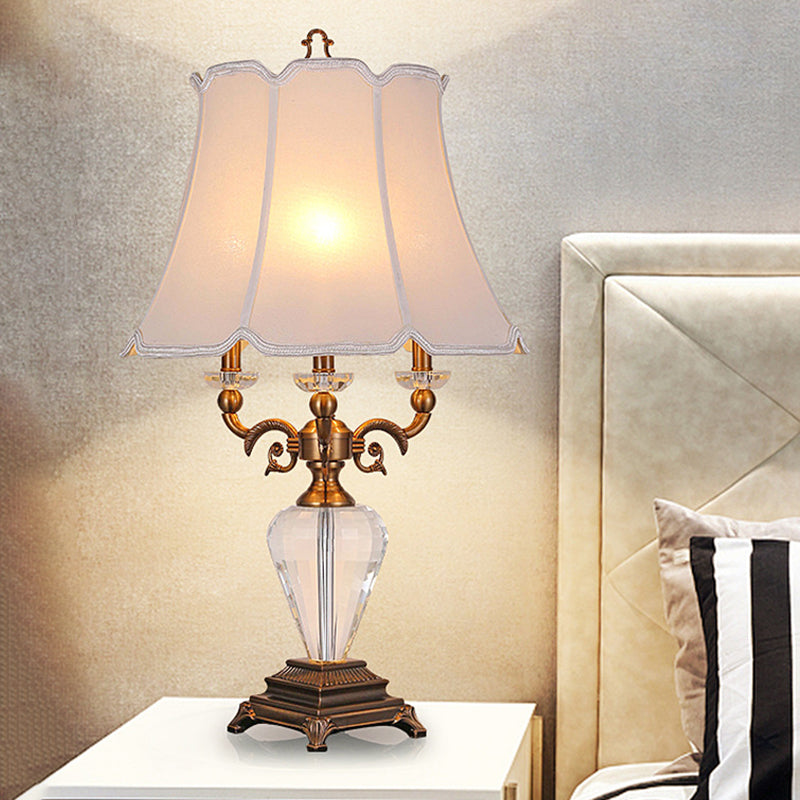 1 Light Night Lamp Lodge Paneled Bell Fabric Table Light in White/Beige for Bedroom with Crystal Accent White Clearhalo 'Lamps' 'Table Lamps' Lighting' 340892