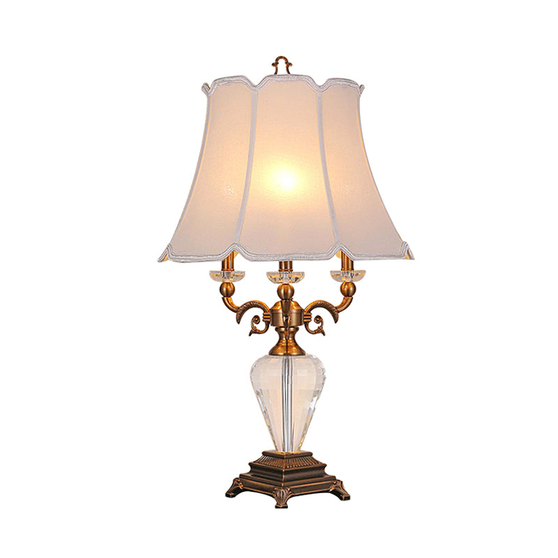 1 Light Night Lamp Lodge Paneled Bell Fabric Table Light in White/Beige for Bedroom with Crystal Accent Clearhalo 'Lamps' 'Table Lamps' Lighting' 340893