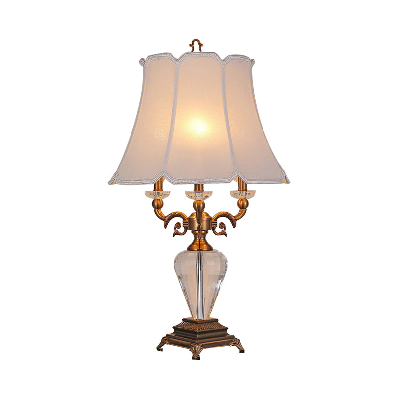 1 Light Night Lamp Lodge Paneled Bell Fabric Table Light in White/Beige for Bedroom with Crystal Accent Clearhalo 'Lamps' 'Table Lamps' Lighting' 340894