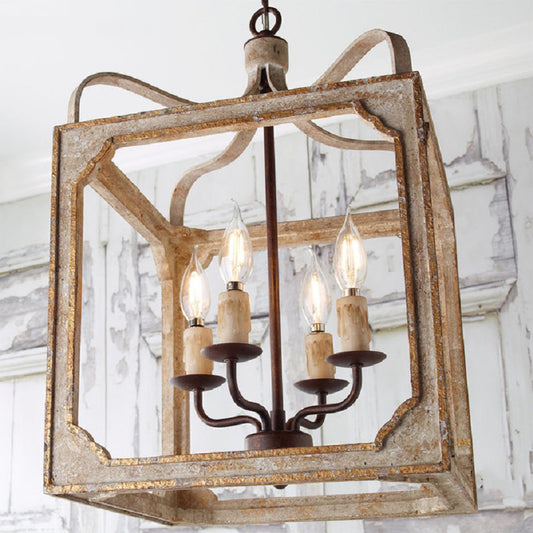 4 Heads Living Room Hanging Chandelier Retro Rust Ceiling Pendant Light with Cube Metal Cage Clearhalo 'Ceiling Lights' 'Chandeliers' Lighting' options 341872