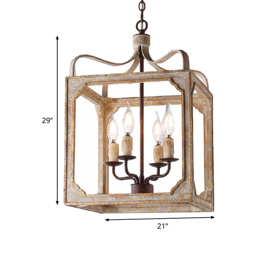 4 Heads Living Room Hanging Chandelier Retro Rust Ceiling Pendant Light with Cube Metal Cage Clearhalo 'Ceiling Lights' 'Chandeliers' Lighting' options 341876