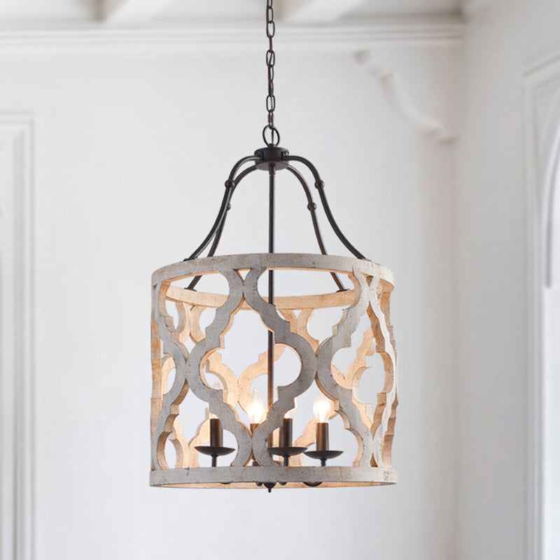 Cylinder Pendant Chandelier Traditional Wood 4 Bulbs White/Tan Hanging Ceiling Light with Adjustable Chain Clearhalo 'Ceiling Lights' 'Chandeliers' Lighting' options 341877