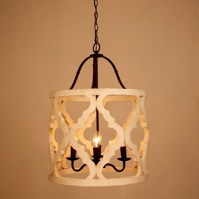 Cylinder Pendant Chandelier Traditional Wood 4 Bulbs White/Tan Hanging Ceiling Light with Adjustable Chain Clearhalo 'Ceiling Lights' 'Chandeliers' Lighting' options 341879