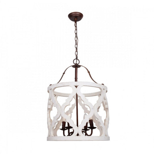 Cylinder Pendant Chandelier Traditional Wood 4 Bulbs White/Tan Hanging Ceiling Light with Adjustable Chain Clearhalo 'Ceiling Lights' 'Chandeliers' Lighting' options 341880