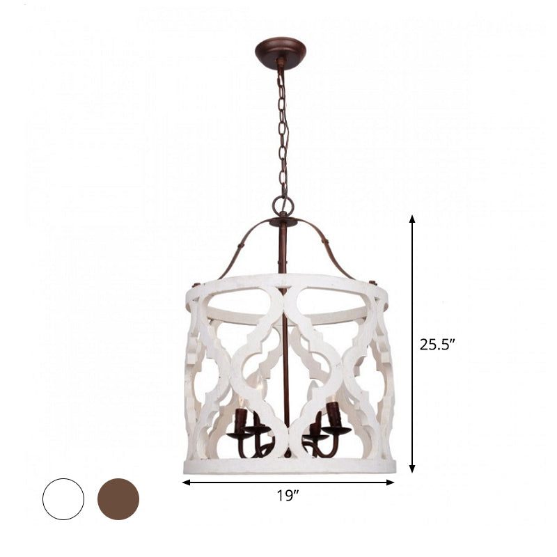 Cylinder Pendant Chandelier Traditional Wood 4 Bulbs White/Tan Hanging Ceiling Light with Adjustable Chain Clearhalo 'Ceiling Lights' 'Chandeliers' Lighting' options 341881