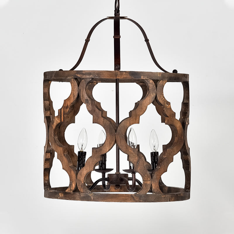 Cylinder Pendant Chandelier Traditional Wood 4 Bulbs White/Tan Hanging Ceiling Light with Adjustable Chain Clearhalo 'Ceiling Lights' 'Chandeliers' Lighting' options 341884