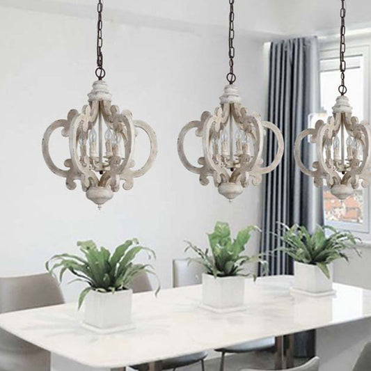 5 Bulbs Circle Ceiling Chandelier Traditional Wood Suspended Lighting Fixture in White Clearhalo 'Ceiling Lights' 'Chandeliers' Lighting' options 341887