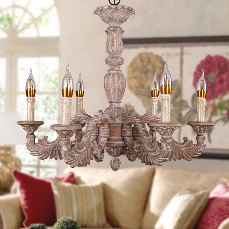 6 Heads Living Room Hanging Chandelier Traditional Brown Ceiling Pendant Light with Branch Wood Shade Clearhalo 'Ceiling Lights' 'Chandeliers' Lighting' options 341945