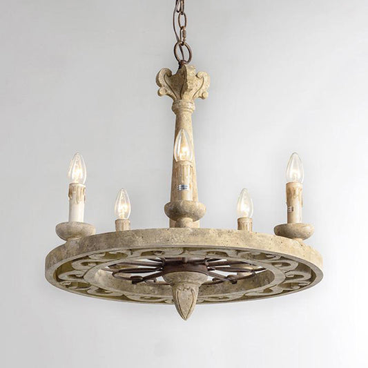 Round Pendant Chandelier Traditional Wood 5/6 Bulbs Light Tan Hanging Lamp for Living Room Clearhalo 'Ceiling Lights' 'Chandeliers' Lighting' options 341951