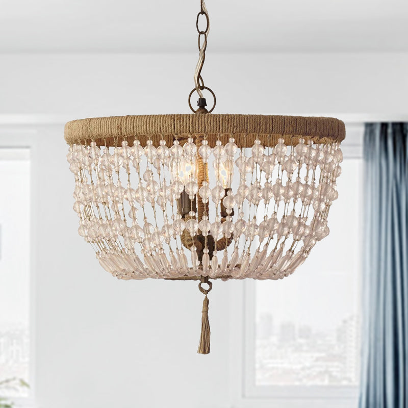 Dome Chandelier Light Rustic Crystal 3 Heads Clear Hanging Lamp Kit with Rope Ring for Bedroom Clearhalo 'Ceiling Lights' 'Chandeliers' Lighting' options 341978